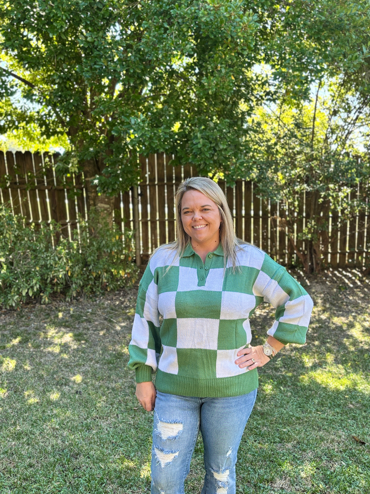 Checkered Polo Collar Knit Sweatshirt