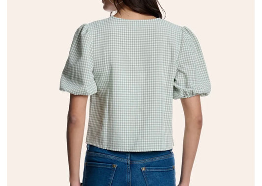 Double Zero Women's Sage Gingham Print Tie-Front Puff Sleeve Crop Top