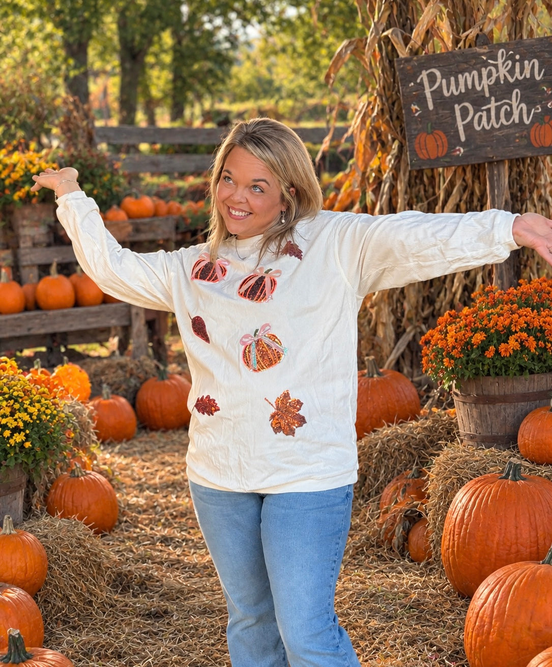 White Sequin Pumpkin Leaf Corded Ribbed Oversized Sweatshirt