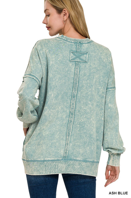 French terry Acid Wash Raw Edge Front Pocket Pullover