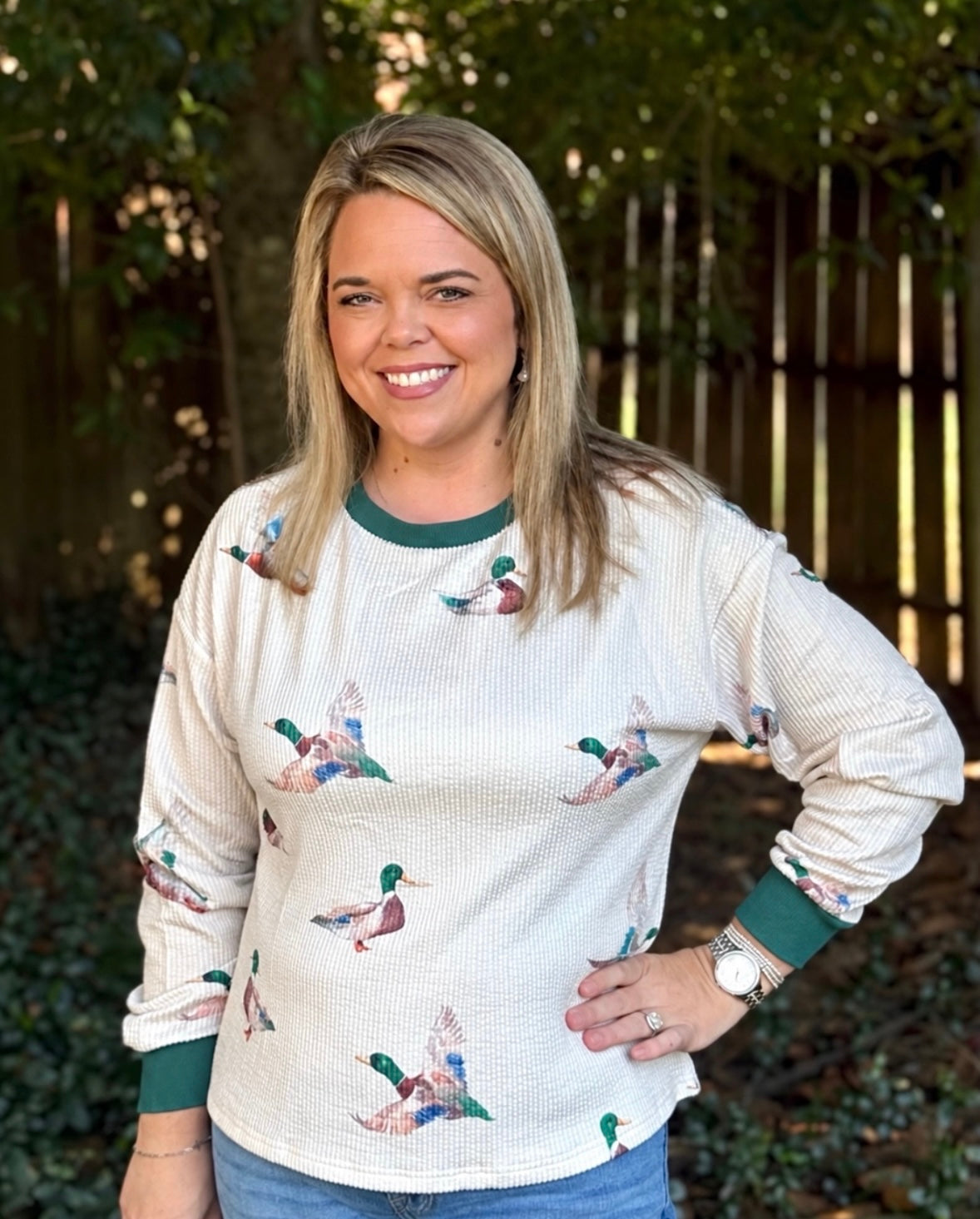 Beige Twisted Ribbed Duck Print Crewneck Pullover Top