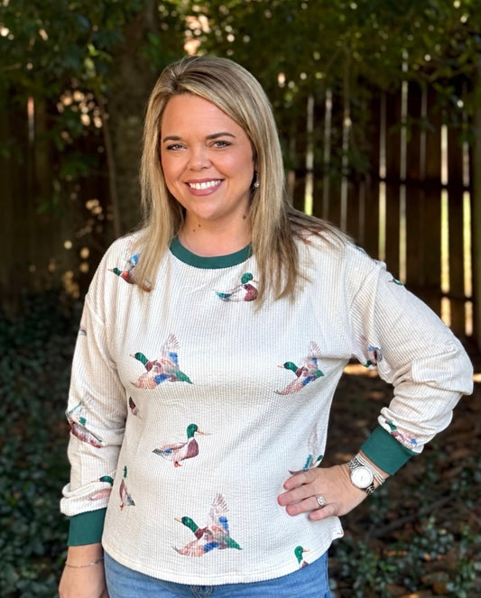 Beige Twisted Ribbed Duck Print Crewneck Pullover Top