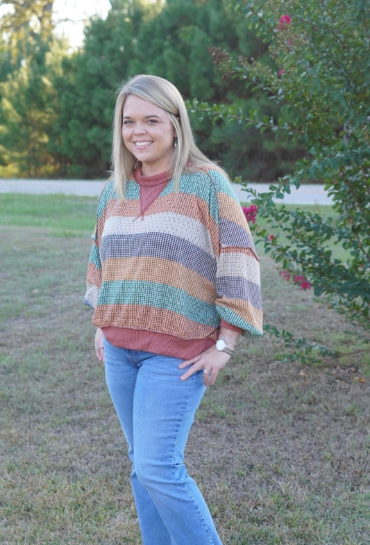 Stripe Waffle Wave Rib Banded Hem Pullover