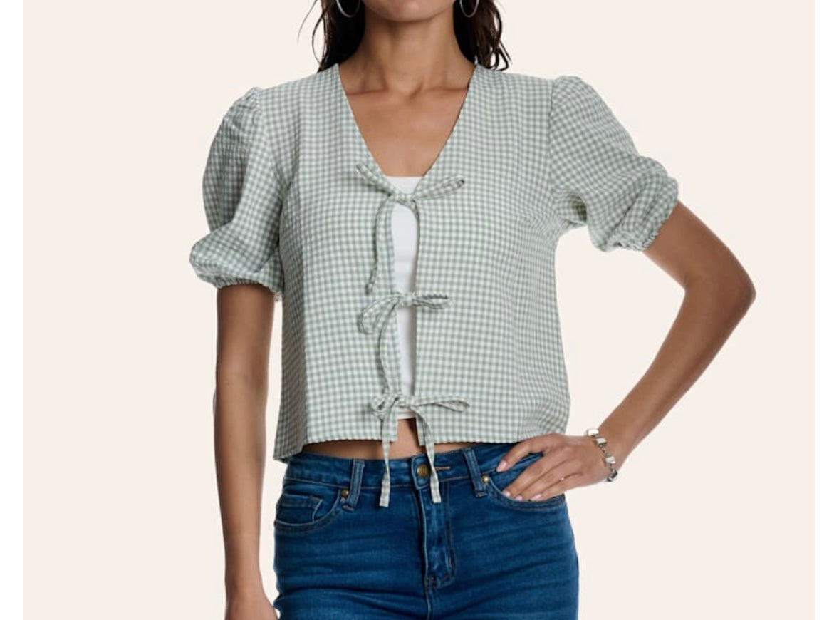 Double Zero Women's Sage Gingham Print Tie-Front Puff Sleeve Crop Top
