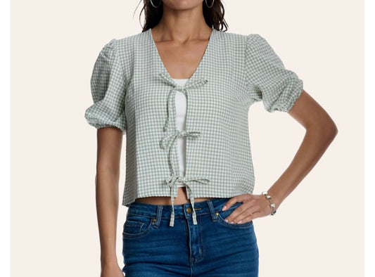 Double Zero Women's Sage Gingham Print Tie-Front Puff Sleeve Crop Top
