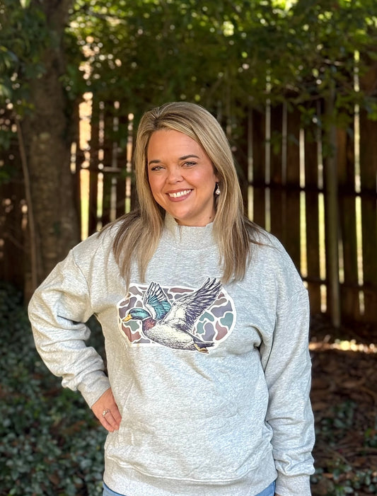 Gray Mallard Duck Camouflage Print Mock Neck Sweatshirt