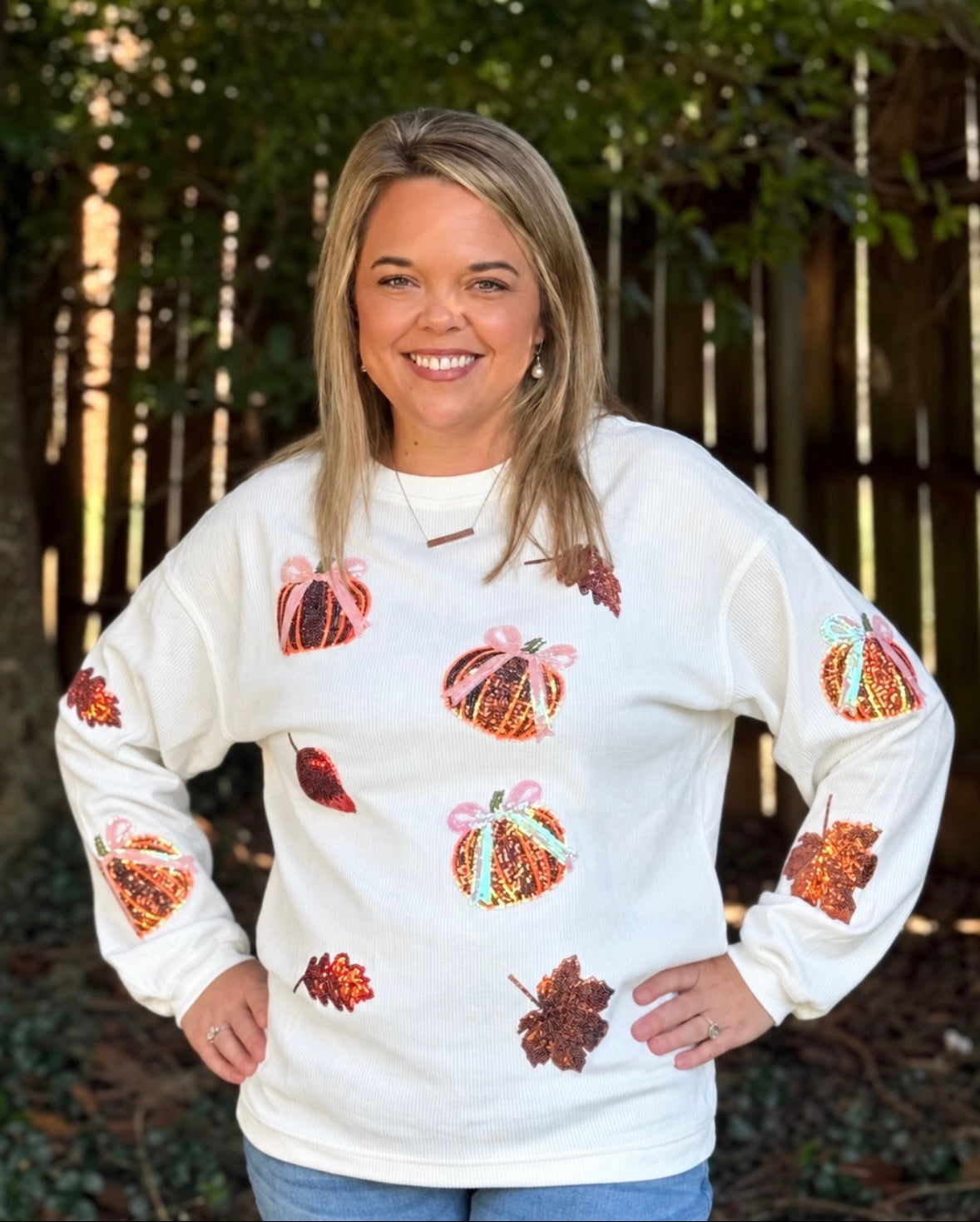 White Sequin Pumpkin Leaf Corded Ribbed Oversized Sweatshirt