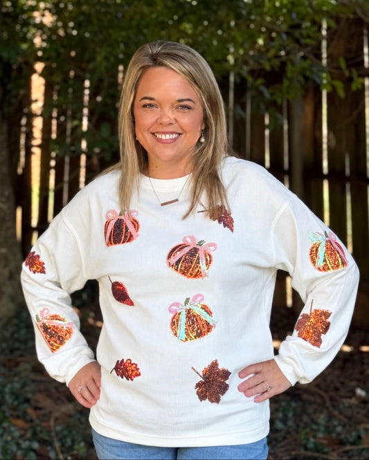White Sequin Pumpkin Leaf Corded Ribbed Oversized Sweatshirt