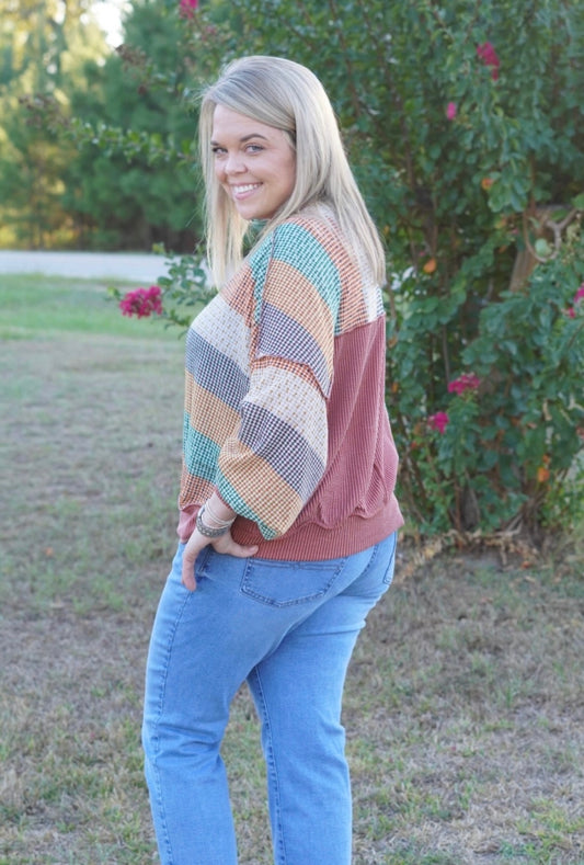 Stripe Waffle Wave Rib Banded Hem Pullover