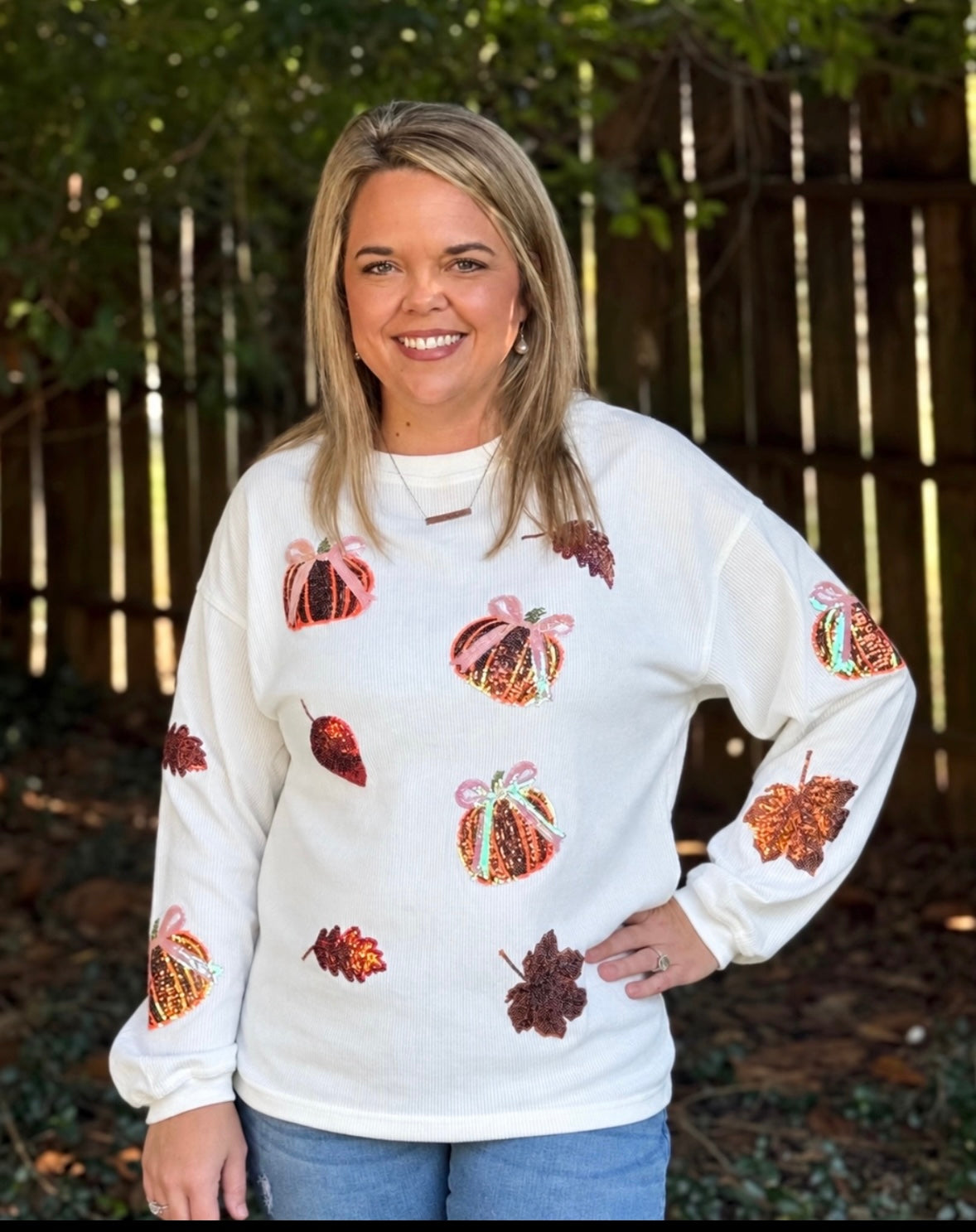 White Sequin Pumpkin Leaf Corded Ribbed Oversized Sweatshirt