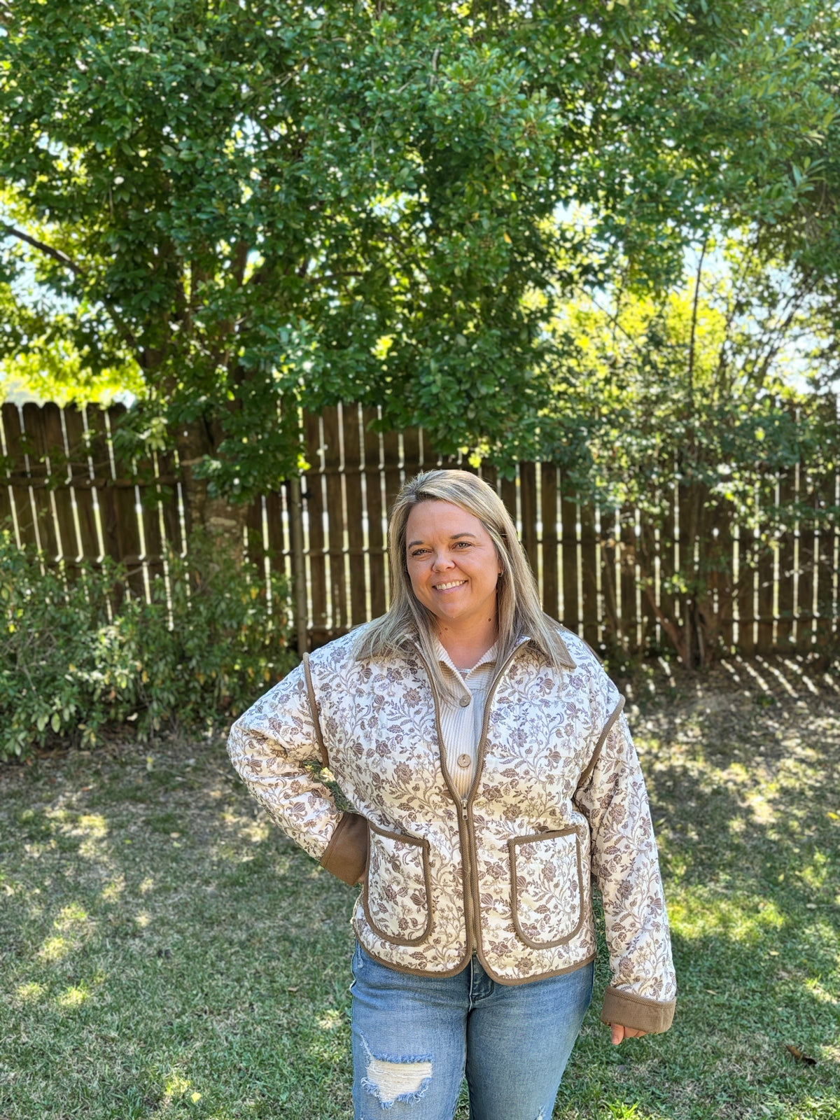 Floral Collared Zip-Up Quilted Jacket