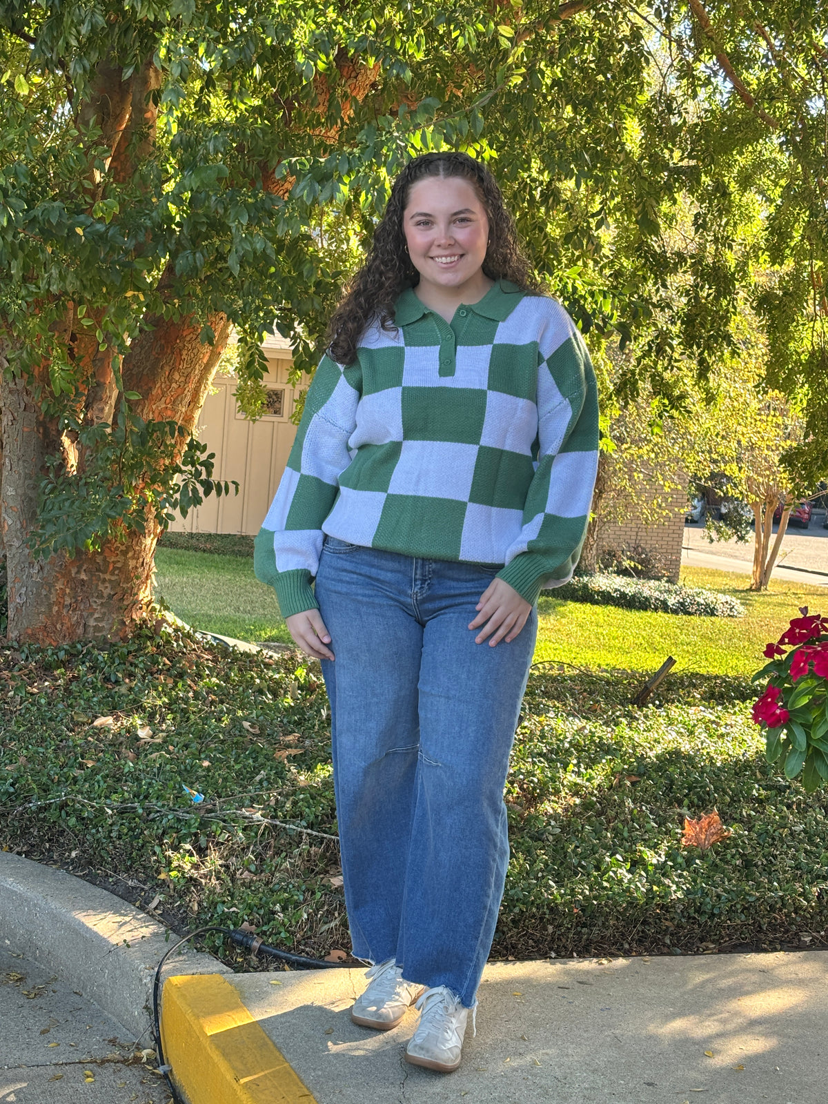 Checkered Polo Collar Knit Sweatshirt