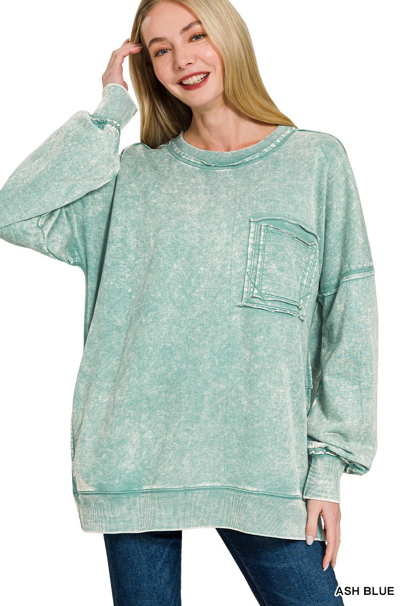 French terry Acid Wash Raw Edge Front Pocket Pullover