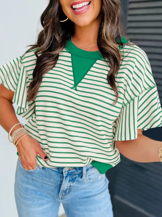 Contrast detail striped ruffle short sleeve top