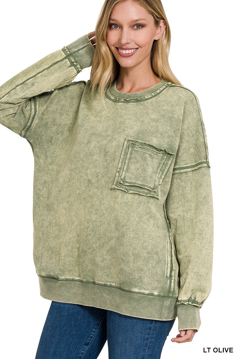 French terry Acid Wash Raw Edge Front Pocket Pullover