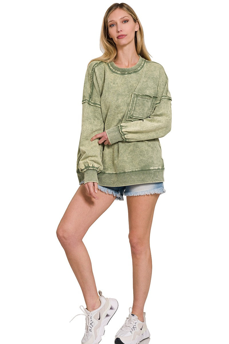 French terry Acid Wash Raw Edge Front Pocket Pullover