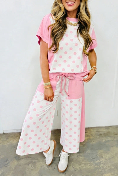 Block Patchwork Polka Dot Wide Leg Pant Set