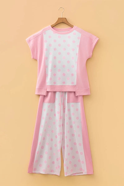 Block Patchwork Polka Dot Wide Leg Pant Set