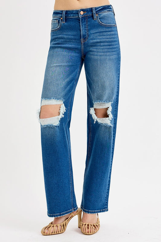 Mid Waist Fit Boyfriend Knee Distressed Jeans